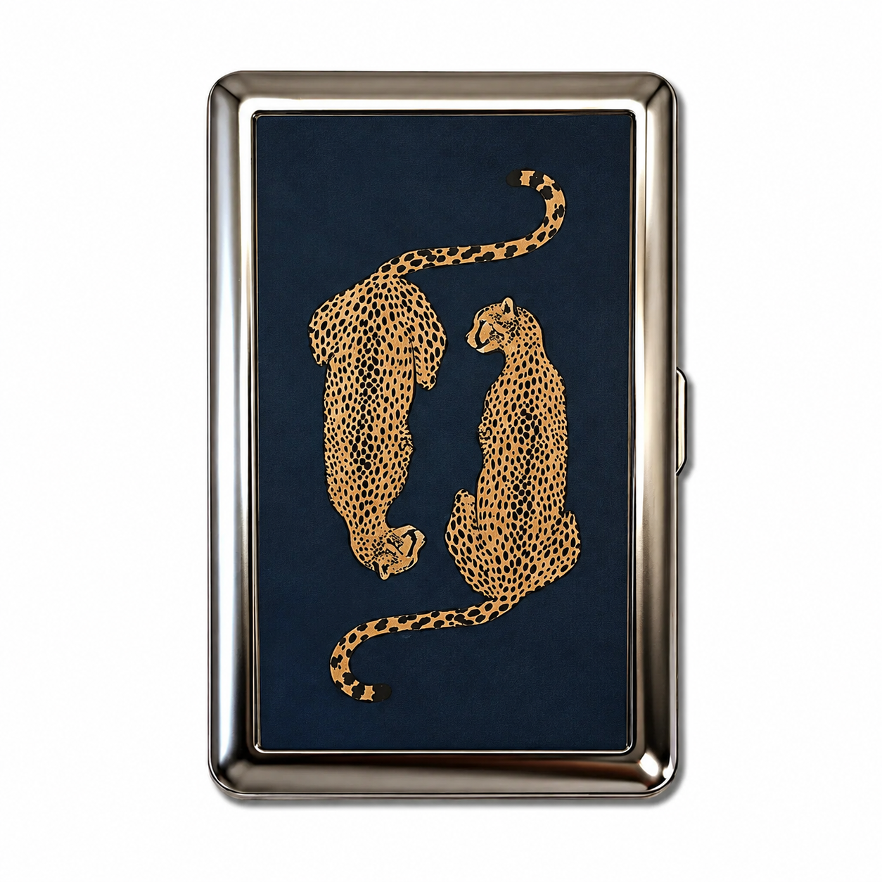 No. 01 LEO Kartenetui aus Metall mit goldenen Leoparden auf blauem Grund